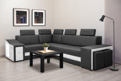 Narożnik FESTINE II 220/280 cm, funkcja spania, Relax, LED, pufy w TKANINIE / EKOSK?RZE