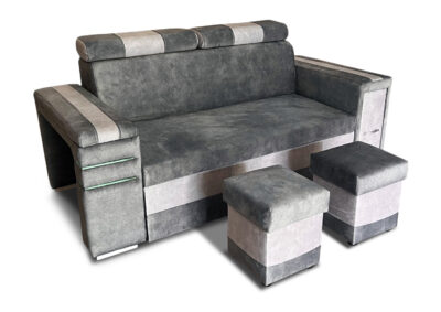 Nowoczesna Sofa KESLER I, podświetlenie + 2 x pufy, ruchome zagłówki Tkanina Plamoodporna