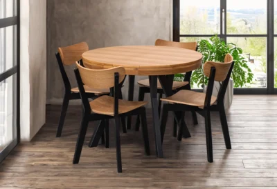 Zestaw mebli: stół okrągły fi 100cm rozkładany Loft III + 4 krzesła Jack