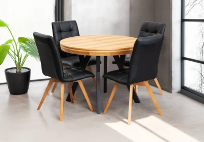 Zestaw mebli: stół okrągły fi 100cm rozkładany Loft III + 4 krzesła krzesła Kw110 w skórze