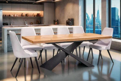 Stół Loft Top dębowy fornirowany 200/100 + 2 x 50 cm + 6 krzeseł Olo