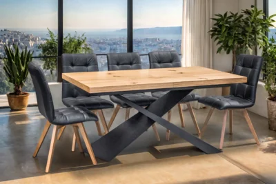 Stół Loft Top dębowy fornirowany 200/100 + 2 x 50 cm + 6 krzeseł KW110
