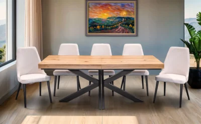 Stół Loft P2 400 cm Dębowy Fornirowany rozkładany 100x200 + 4x50 cm + 6 Krzeseł Olo