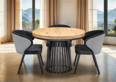 Stół Lam Loft dębowy fornirowany Fi 100 + 2 x 50 cm + 4 krzesła Pepitka
