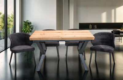 Stół Loft P1 Dębowy Fornirowany Rozkładany 100/150 + 4×50 cm + 6 Krzeseł  Pepitka Duo