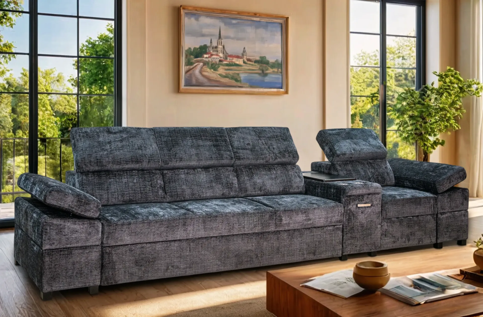 Kanapa czteroosobowa Infinity III z elektrycznym fotelem relax, barem, półką i listwą PowerPort