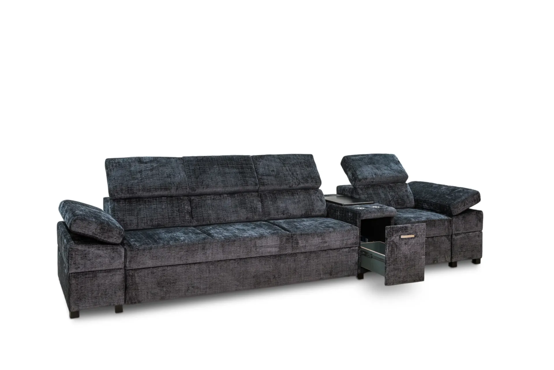 Kanapa czteroosobowa Infinity III z elektrycznym fotelem relax, barem, półką i listwą PowerPort