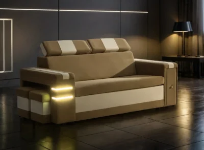 Nowoczesna Sofa KESLER I, podświetlenie + 2 x pufy, ruchome zagłówki