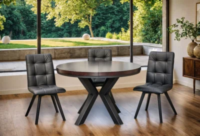 Stół okrągły rozkładany fi 120+ 2 x 40 cm + 4x KW110 Skóra naturalna