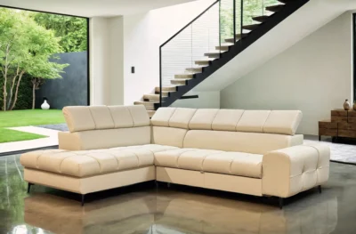 Ekskluzywny narożnik CLEO skóra funkcja spania, głębokie pikowanie