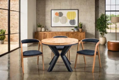 Stół okrągły rozkładany fi 100 + 2 x 50 cm LOFT + 4 Krzesła X1