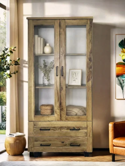 Witryna Karmel 90 cm lite drewno + elementy fornirowane